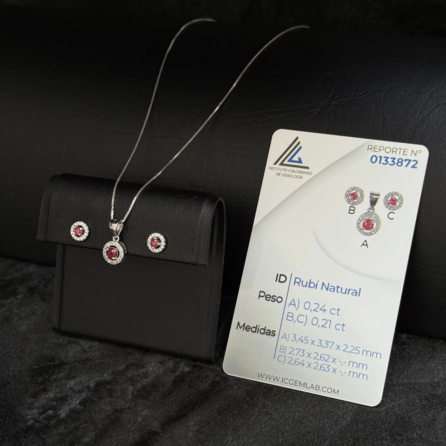 Set Cadena-Dije-Aretes / Rubíes Certificados / Plata 925