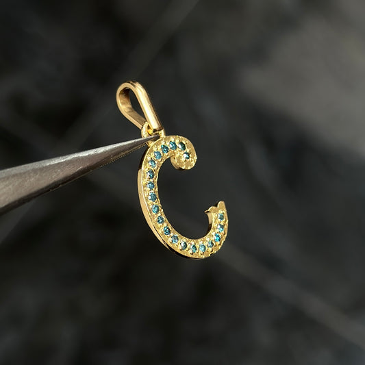 Initial “C” Pendant / Blue Diamonds / 18K Gold