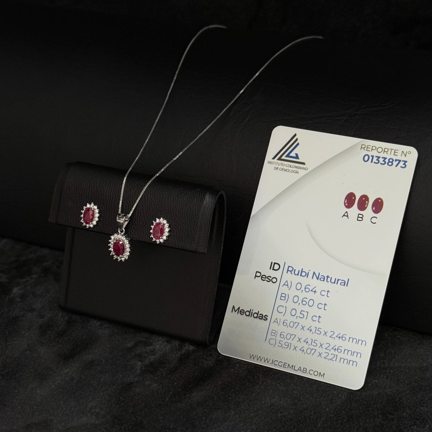 Set Cadena-Dije-Aretes / Rubíes Certificados / Plata 925