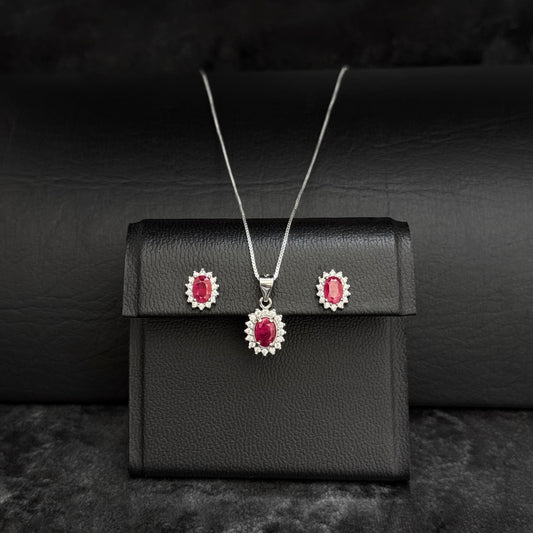 Set Cadena-Dije-Aretes / Rubíes Certificados / Plata 925