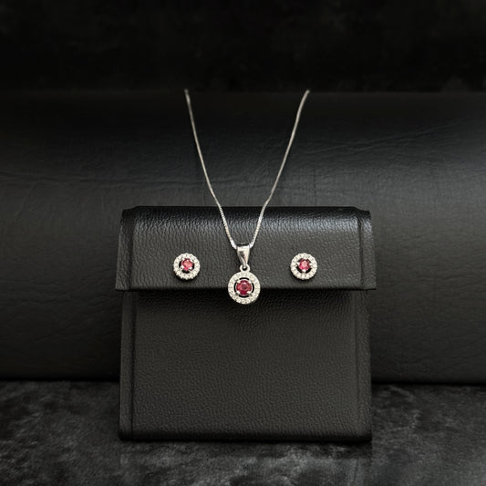 Set Cadena-Dije-Aretes / Rubíes Certificados / Plata 925